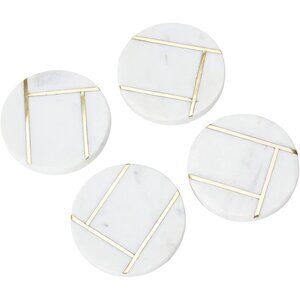 Creative Co-Op Round Marble Coasters with Brass Inlay, White, Set of 4/NWT